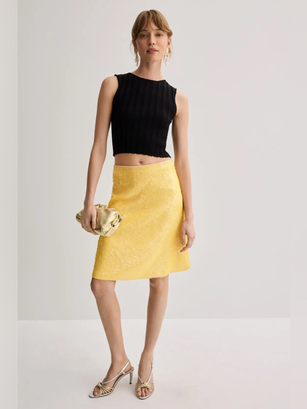 NWT! Danielle GUIZIO Isabelle Sequin Butter Yellow Midi Skirt Size Large
